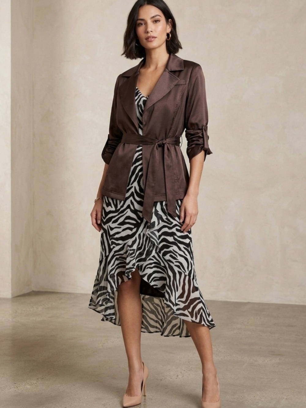 Brown Satin Tie-Waist Jacket over Zebra Print Midi Dress
